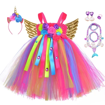 Dievčatá TuTu Princezná Rainbow, Šaty Halloween Jednorožec Cosplay Šaty S Anjelom Pre Dieťa Narodeninovej Party Dary