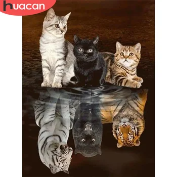 HUACAN Diamond Výšivky Predaj Mačka, Tiger Zvierat Mozaiky Ručné Maľovanie na Plné Kolo Vŕtať Odraz Domova Kamienkami