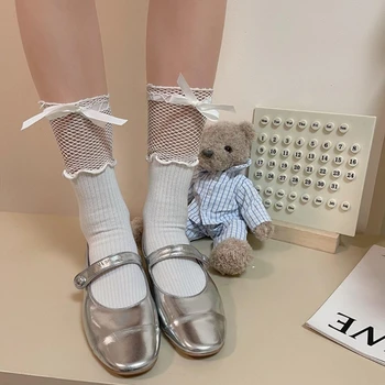 Japonský Štýl Sladké Sieťované Pančuchy Naberaný Viac Ako Teľa Dlhé Ponožky Študent Dievčatá Bowknot Naberaný Pančuchy Dropshipping