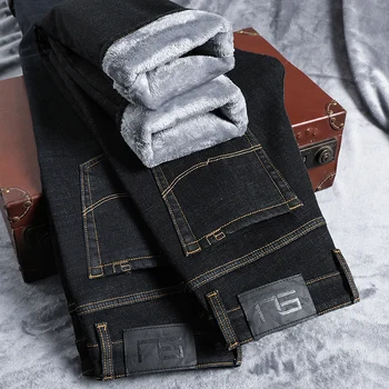 Klasické čierne Značky pánske Strečové Džínsy Fleece Teplé Zahusťovanie Bežné Rovno Slim Fit Plyšové Muž Džínsové Nohavice