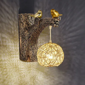 Kreatívne Živice Stromov a Vtákov Model s Káblom Droplight Ratan Vtáčie Hniezdo Tieni E27 LED Nástenné Svietidlá pre Spálne Nočná Lampa