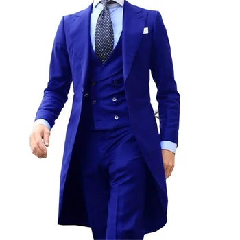 Kráľovská Modrá Dlhý Chvost Sako 3 Kusy Gentleman Muž Vyhovovali pánskej Módy Ženícha Smoking pre Svadbu, Ples Bunda Vesta s Nohavice