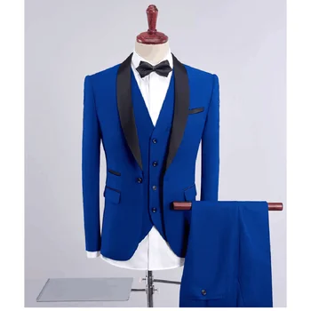 Kráľovská Modrá Muži Obleky Módne Čierna Šatka Klope Muž Svadobný Oblek Ženícha Slim Fit Smoking Plný pánske Oblek (Sako+Nohavice+Vesta) 2023
