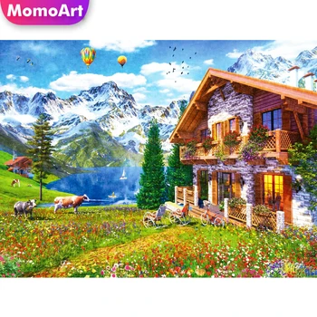 MomoArt Diamond Výšivky Dom Krajinný Obraz Kamienkami Horských Maľovanie Jazero Cross Stitch Súpravy Mozaiky Hobby Ručné