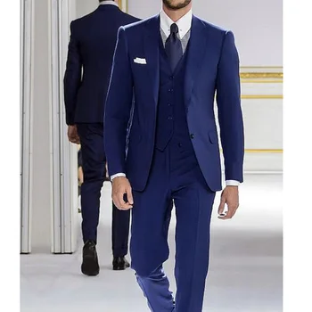 Nový Príchod Muži Obleky Módne Zárez Klope Singel Svojim Oblek Royal Blue Business Príležitostné, Svadobné 3 Ks (Sako+Vesta+Nohavice)