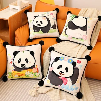 Námestie Cartoon Panda Vankúš Flóry Tlač Bavlnené Nite Na Výšivky Vankúš Roztomilý Darček Domov Cojines Pohovka Kreslo Hodiť Posteľná Bielizeň Dekor