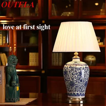 OUTELA Modernej Keramiky Stolové Lampy, LED Stmievanie Čínsky Modré A Biele Porcelánové Stôl Svetlo pre Domáce Obývacia Izba, Spálňa