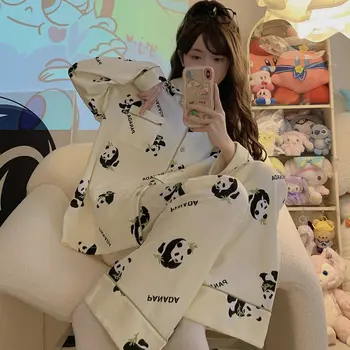 Panda pyžamo pajama nohavice dámske jarné a jesenné čistej bavlnenej tkaniny študent dievča s dlhými rukávmi roztomilý kreslený plavky