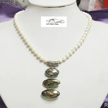 Perfektné !!! 7-8 MM biela AAA sladkovodné perly + abalone shell prívesok Klasický náhrdelník 19