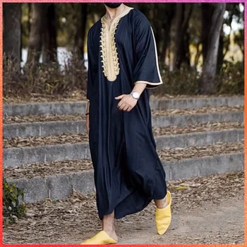 Pánske 1PCS Dlhé Čierne Moslimské Oblečenie Šaty Abaya Polovice Rukáv Arabských Posádky Krku Islamskej Farbou Kaftan Maxi Dubaj