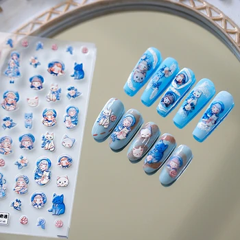 Roztomilé Mačka Modrá Lolita dievèa Cartoon Japonský Štýl 5D Plastický Reliéf Samolepiace Nail Art Nálepky Kvet 3D, Manikúra Odtlačkový