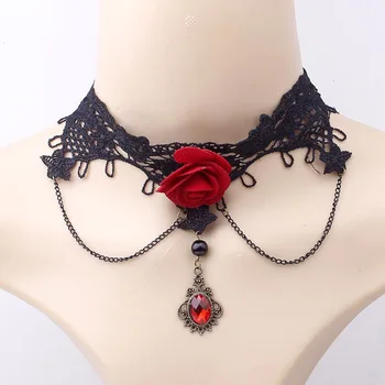 Ruže Kvet Black & Red Gotický Choker pre Ženy Vintage Módy Sexy Nežnej Čipky Náhrdelník