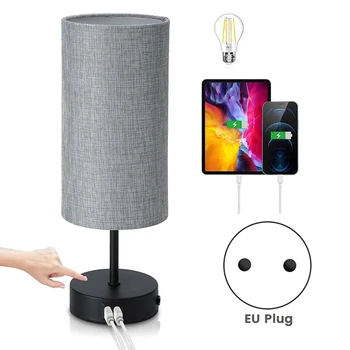 Stolná Lampa s USB Portom Dotykové Ovládanie 3 Spôsob Stmievateľné nočnom stolíku Odtieň Textílie pre Spálne, Obývacia Izba Úrad EÚ Plug